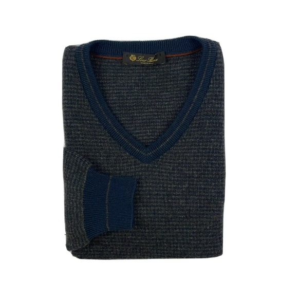 Loro Piana Dark Gray Blue Striped Pure Cashmere Mens Sweater Size